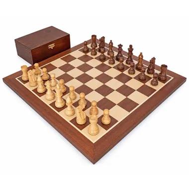 Juego de ajedrez French Knight completo con tablero de caoba y caja de abedul