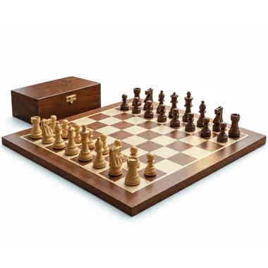Tablero French Knight montado sobre una mesa de madera junto a un desayuno