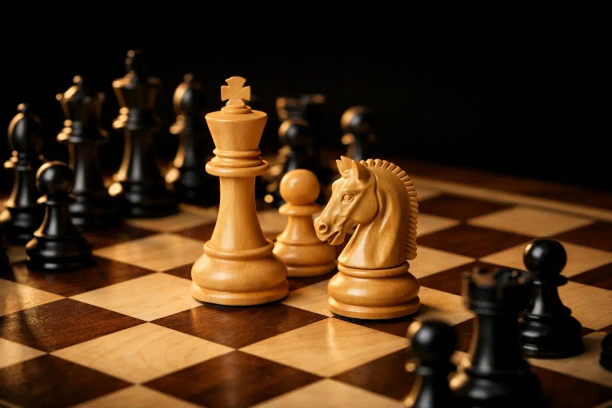 Jeu d'échecs Staunton en buis et ébène sur un échiquier en érable et noyer