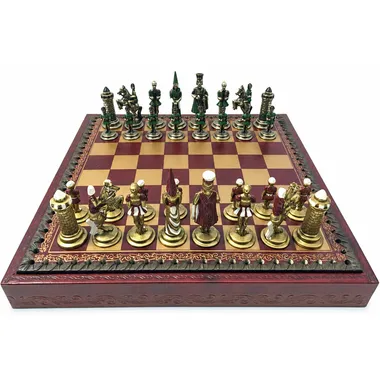 Juego de ajedrez Camelot Roi Arthur III visto completo sobre tablero de símil cuero