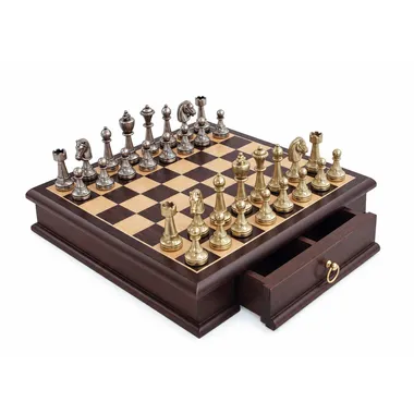 Set Staunton Mix III Tablero de Ajedrez en Madera de Caoba y Arce con Compartimento de Almacenamiento & Ajedrez en Metal Macizo