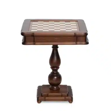 Mesa de ajedrez de madera de haya y olmo con tablero integrado, vista frontal