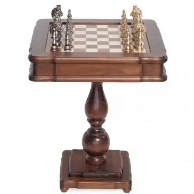Mesa de ajedrez vista de lado, pie torneado de haya y olmo