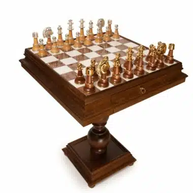 Conjunto Staunton de Alta Gama Mesa y Juego de Ajedrez en Madera de Haya y Mármol de Carrara y Alabastro & Madera y Latón Macizo Chapado en Oro y Plata