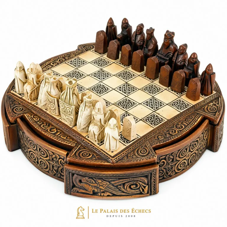 Juego de ajedrez de viaje Isla de Lewis en resina, piezas colocadas sobre el tablero redondo