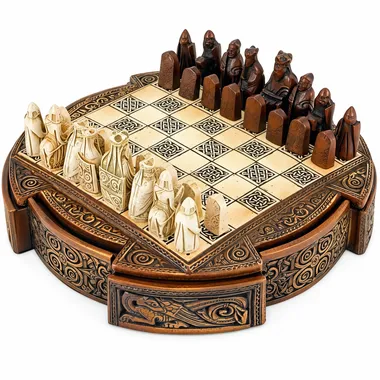Juego de ajedrez de viaje Isla de Lewis en resina, piezas colocadas sobre el tablero redondo