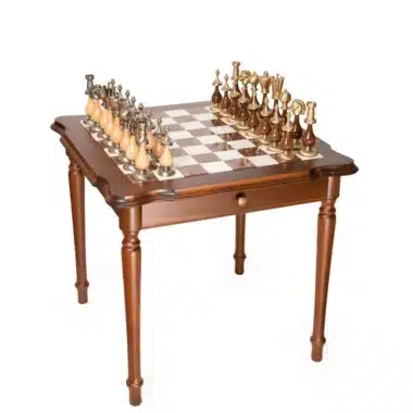 Juego gigante oriental de alta gama II Mesa de madera, alabastro toscano y mármol de Carrara y juego de ajedrez de madera y latón macizo