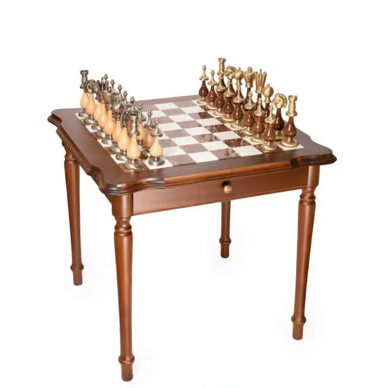 Mesa de juego de madera con tablero de alabastro y piezas de latón macizo