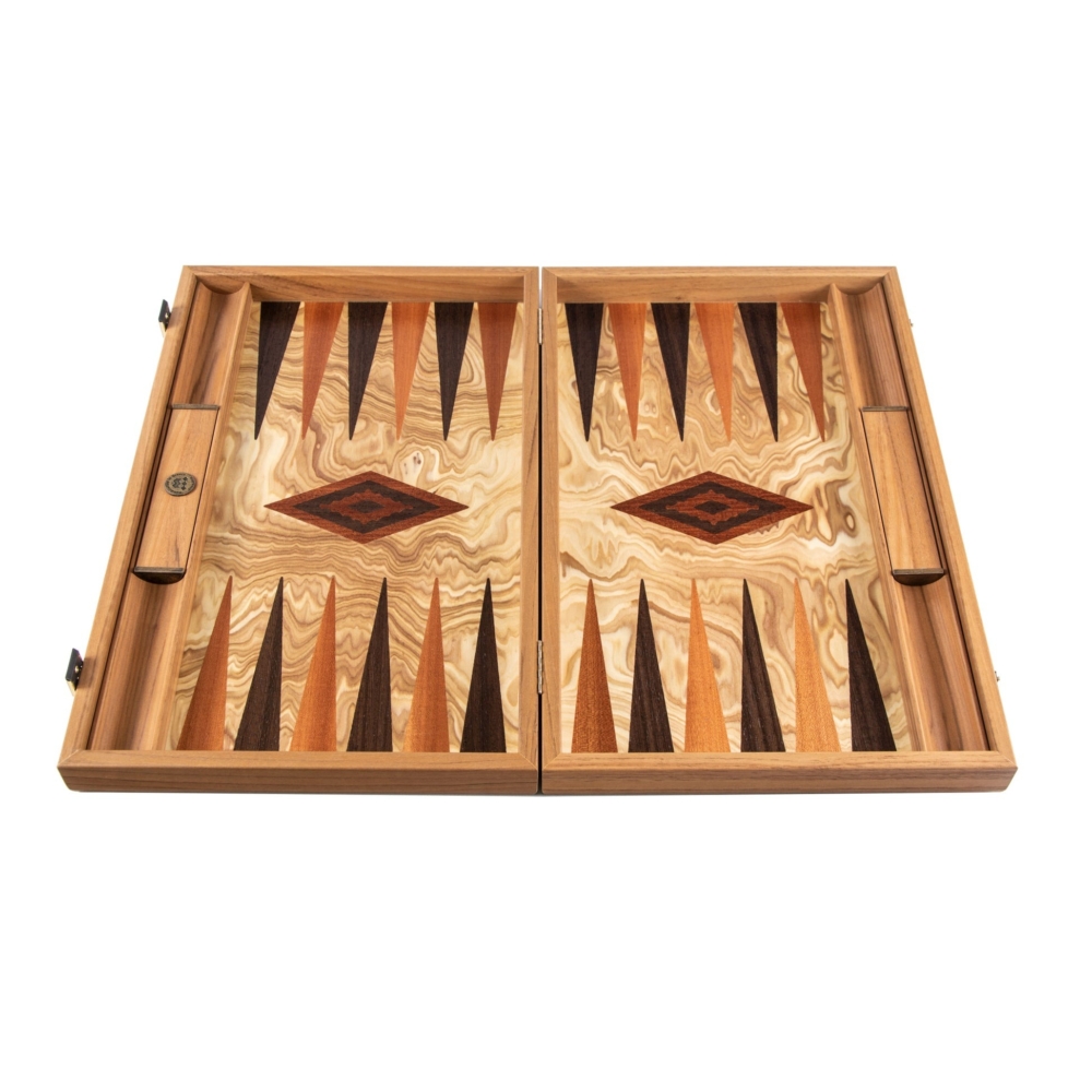 Backgammon en Bois d'Olivier avec Supports Latéraux