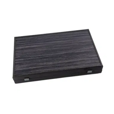 Backgammon de madera de roble negro y plateado, maletín cerrado vista exterior