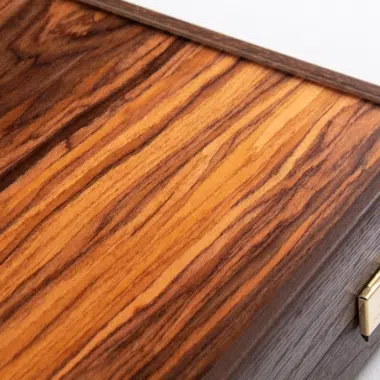 Backgammon de madera de palisandro, primer plano del veteado de la madera y el cierre dorado