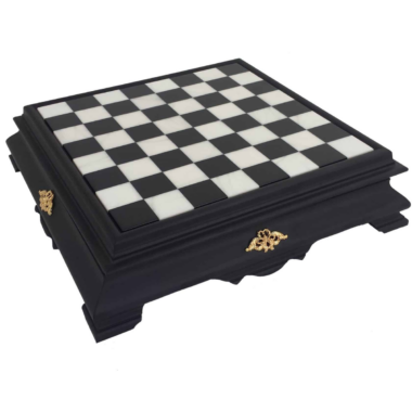 Echiquier Sur Pied Noir et Blanc en Bois et Plateau de Jeu en Marbre de Carrare avec Rangement
