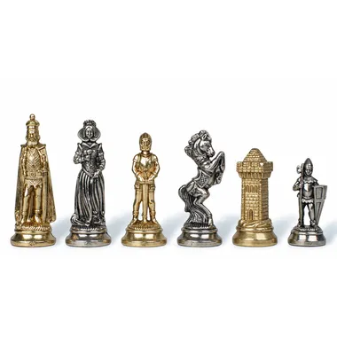 Piezas de ajedrez Mary Stuart en metal dorado y plateado, dama, caballo, torre