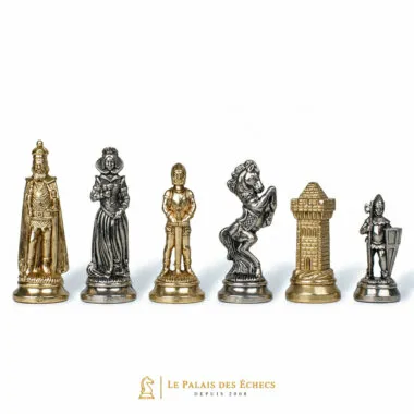 Piezas de ajedrez Mary Stuart VIII, dama, caballo, alfil y torre en metal dorado y plateado