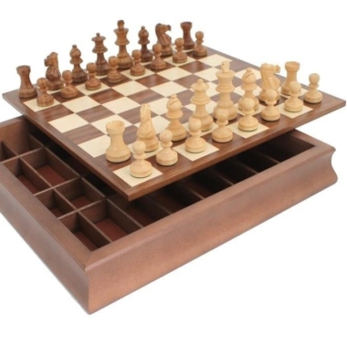 Conjunto Classic XIII Tablero de Ajedrez de Madera de Arce y Nogal con Almacenamiento y Juego de Ajedrez de Madera de Rosa Dorado