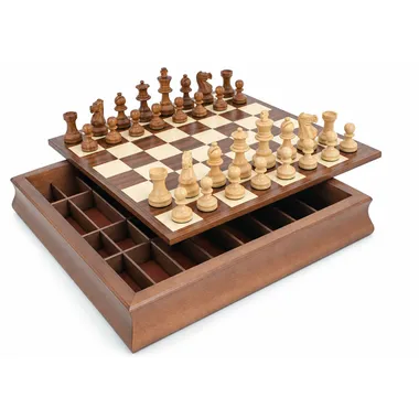 Set Classic XIII con tablero abierto, piezas en madera de rosa y caja de almacenamiento