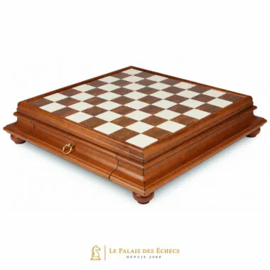 Caja tablero de madera maciza con superficie de alabastro toscano vista desde arriba, cajón cerrado