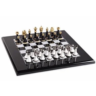 Juego de ajedrez Staunton Design II completo sobre tablero lacado negro y blanco brillante