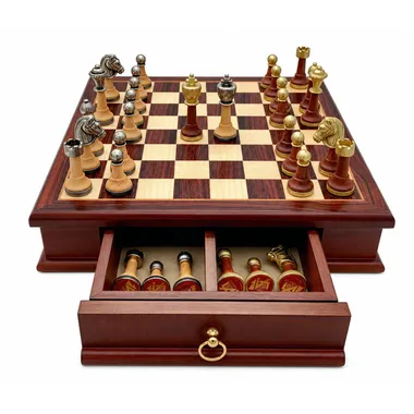 Set Classic XV completo con tablero de ajedrez en caoba y arce, cajón abierto