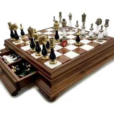 Juego de Ajedrez Blanco y Negro Bicolor III Tablero de madera y tablero de alabastro y piezas de ajedrez de metal y madera