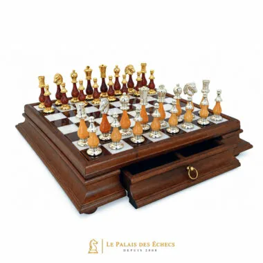 Juego de ajedrez "Oriental" grande con pedestal de madera maciza y tapa de alabastro toscano con madera y latón dorado y plateado