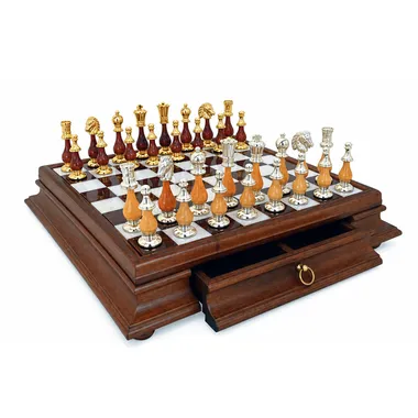 Juego de ajedrez "Oriental" grande con pedestal de madera maciza y tapa de alabastro toscano con madera y latón dorado y plateado