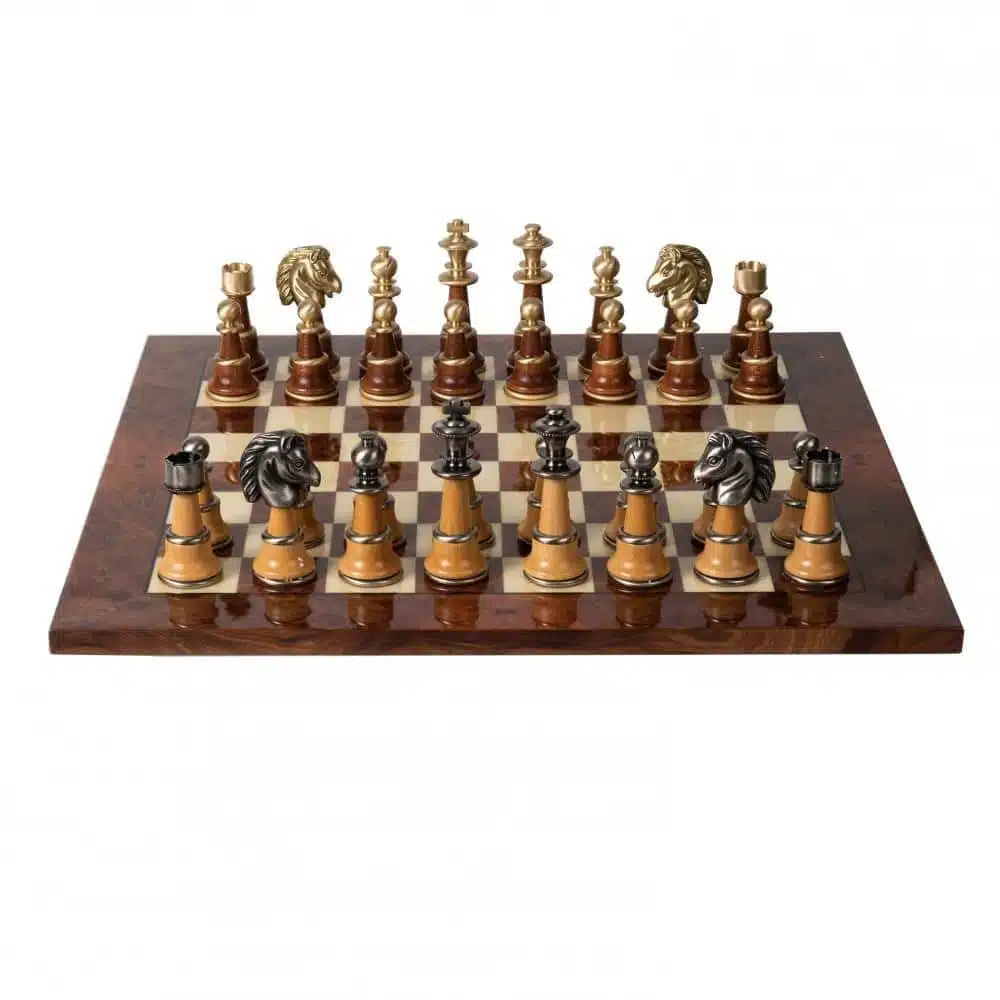 Conjunto Staunton XL II Tablero de Ajedrez de Madera de Olmo y Brezo Lacado & Juego de Ajedrez de Madera y Latón