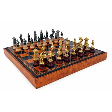 Tablero de ajedrez de cuero artificial "María Estuardo II" y juego de ajedrez de madera y metal macizo