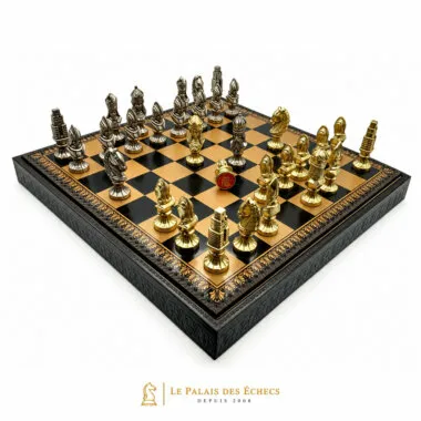 Juego de ajedrez Medieval III con tablero de piel sintética y piezas de metal