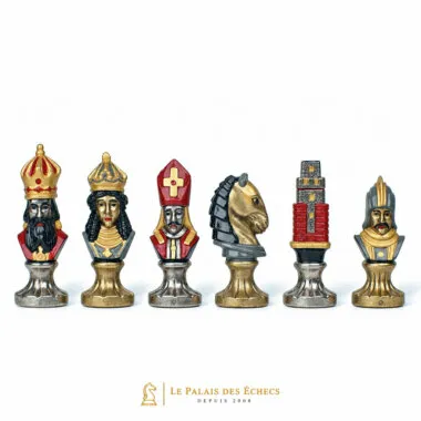 Piezas Moncada III: rey, alfil, caballo y torre de metal pintado