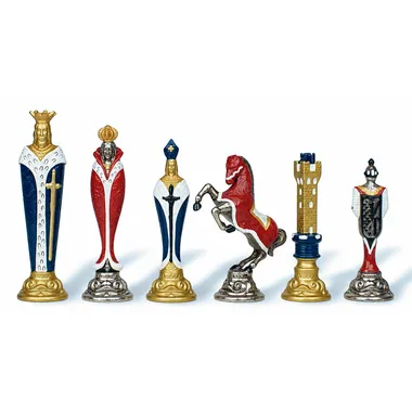 Piezas de ajedrez Renaissance en metal pintado, rey, obispo, caballo y torre rojos