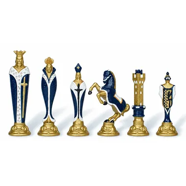 Piezas de ajedrez Renaissance en metal pintado, variante azul y dorada, detalle de las figuras