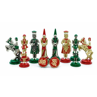 Piezas de ajedrez Camelot de metal pintado, reyes y damas en rojo y verde