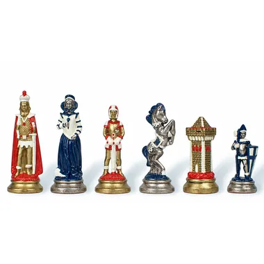 Piezas de ajedrez Mary Stuart, dama, rey, caballo y torre en azul y blanco