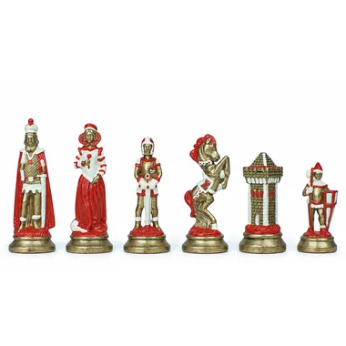 Piezas de ajedrez Mary Stuart pintadas en rojo y dorado, detalle de las figuras