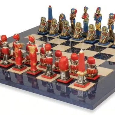Juego de ajedrez de madera de arce Egipto III y juego de ajedrez de metal sólido pintado a mano