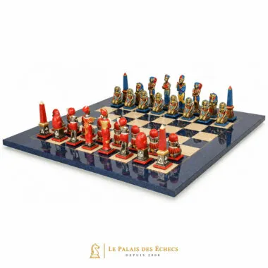 Juego de ajedrez completo Egipto III, piezas rojas y azules sobre tablero de arce