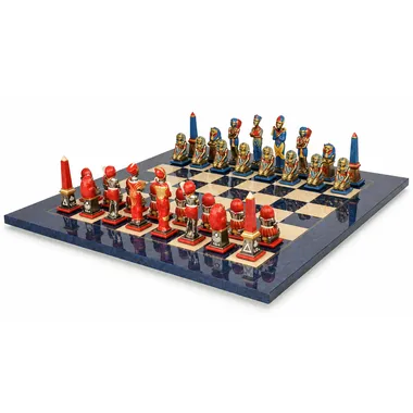 Juego de ajedrez completo Egipto III, piezas rojas y azules sobre tablero de arce