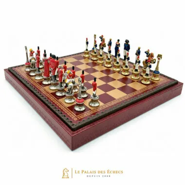 Juego de ajedrez Napoléon III con tablero de símil cuero rojo y piezas metálicas pintadas