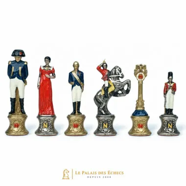 Piezas de ajedrez Napoleón en metal pintado, figuras militares detalladas alineadas