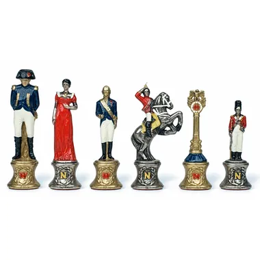 Piezas de ajedrez Napoleón en metal pintado, figuras militares detalladas alineadas