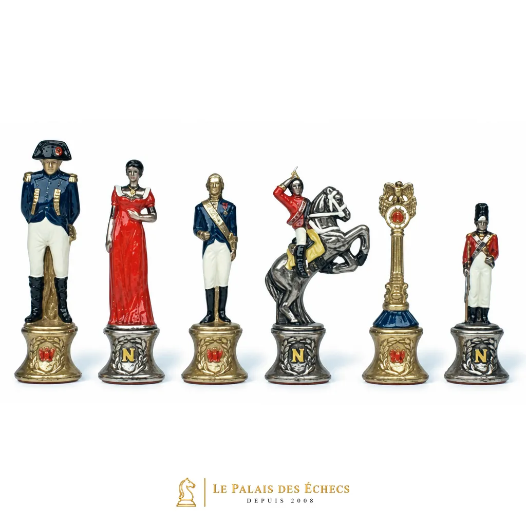Piezas de ajedrez Napoleón en metal pintado, figuras militares detalladas alineadas