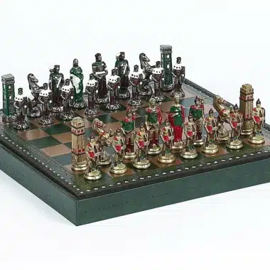Juego de romanos contra bárbaros: tablero de ajedrez de cuero artificial pintado a mano y juego de ajedrez de metal