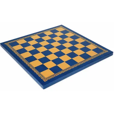 Tablero de ajedrez en símil de cuero azul con borde dorado grabado, vista general