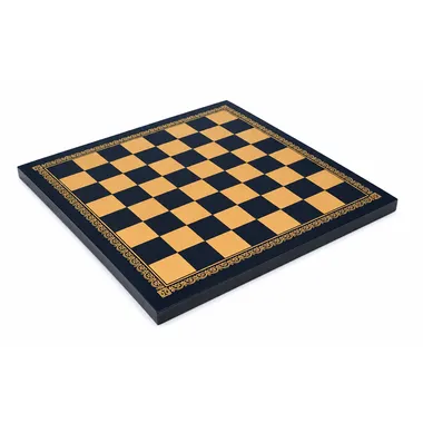 Tablero de ajedrez en símil cuero negro y dorado con borde decorativo grabado
