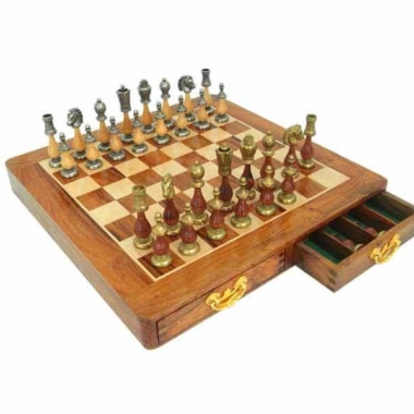 Conjunto Estilo Árabe III Tablero de Ajedrez de Madera de Rosa Dorada y Arce & Juego de Ajedrez de Metal y Madera Maciza