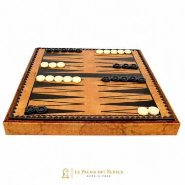 Tablero de ajedrez convertido en tablero de backgammon, fichas blancas y negras alineadas