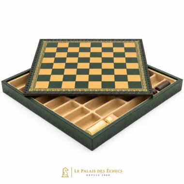 Caja de almacenamiento de símil piel verde, tablero abierto mostrando los compartimentos