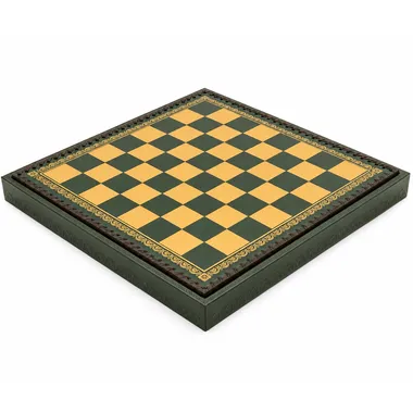 Tablero de ajedrez de piel sintética verde, vista general con borde dorado