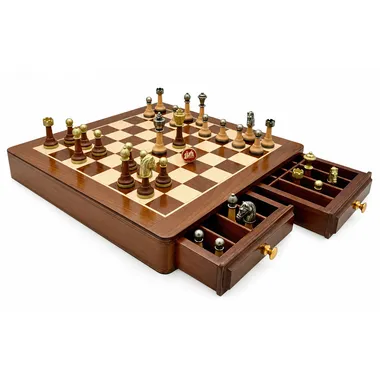 Juego de ajedrez completo con tablero de madera y cajón de almacenamiento abierto